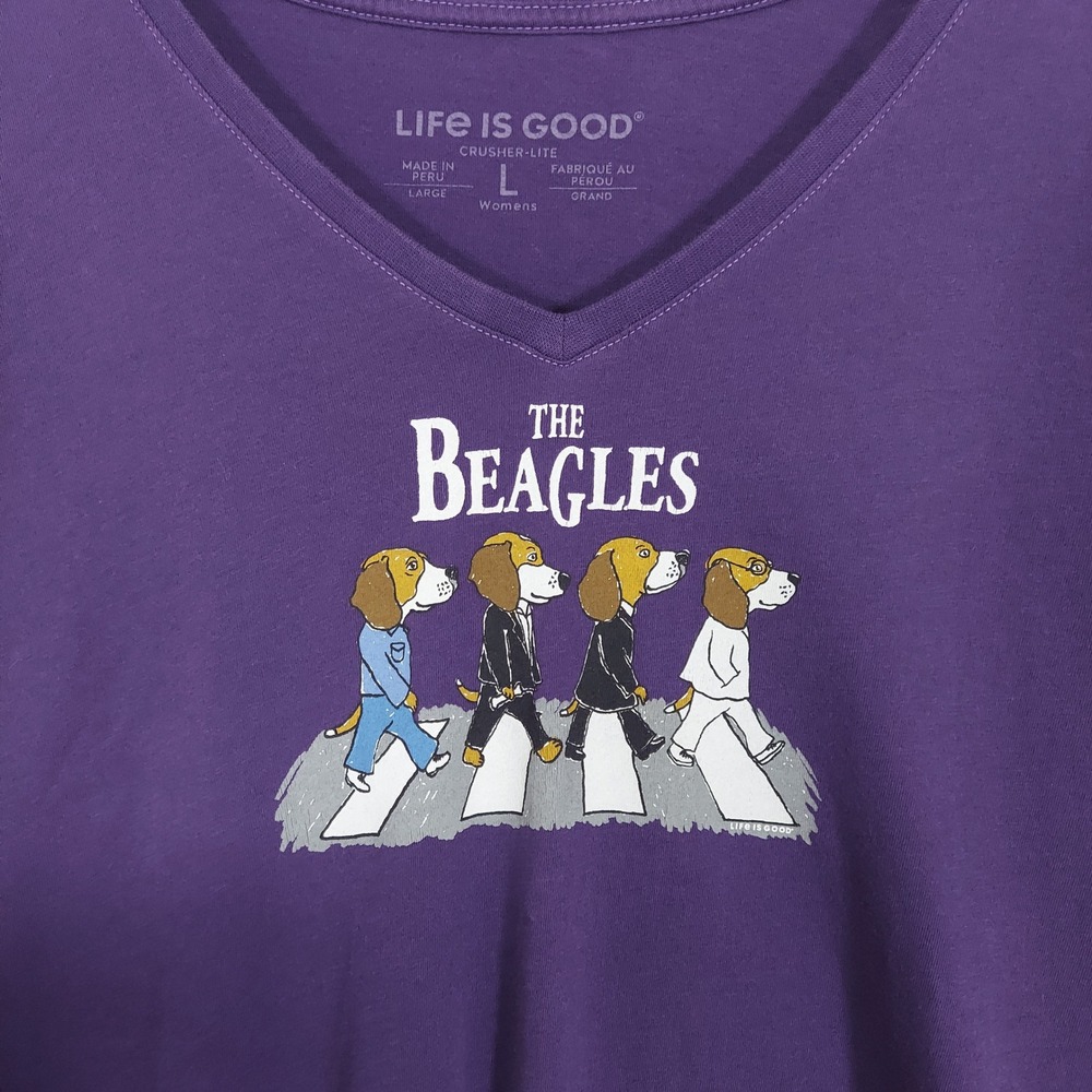 Life is Good Crusher Lite Tee The Beagles Abbey Road Women L Long Sleeve Graphic